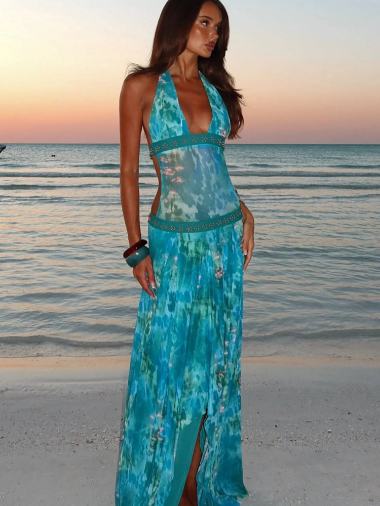 Ombre Leopard Print Halter Open Back Maxi Dress
