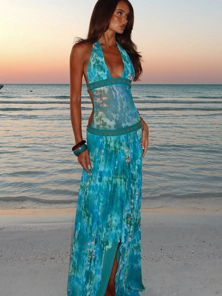 Ombre Leopard Print Halter Open Back Maxi Dress