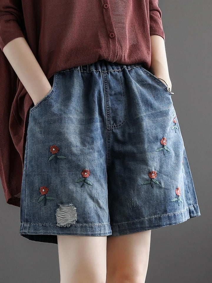 Floral Embroidered High Waisted Denim Shorts