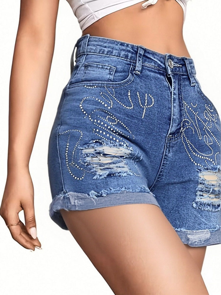 Women’s High Waist Rhinestone Denim Shorts
