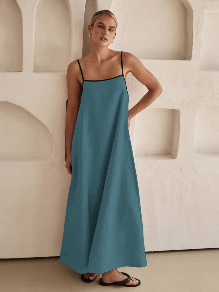 Contrast Trim Linen Blend Cami Maxi Dress