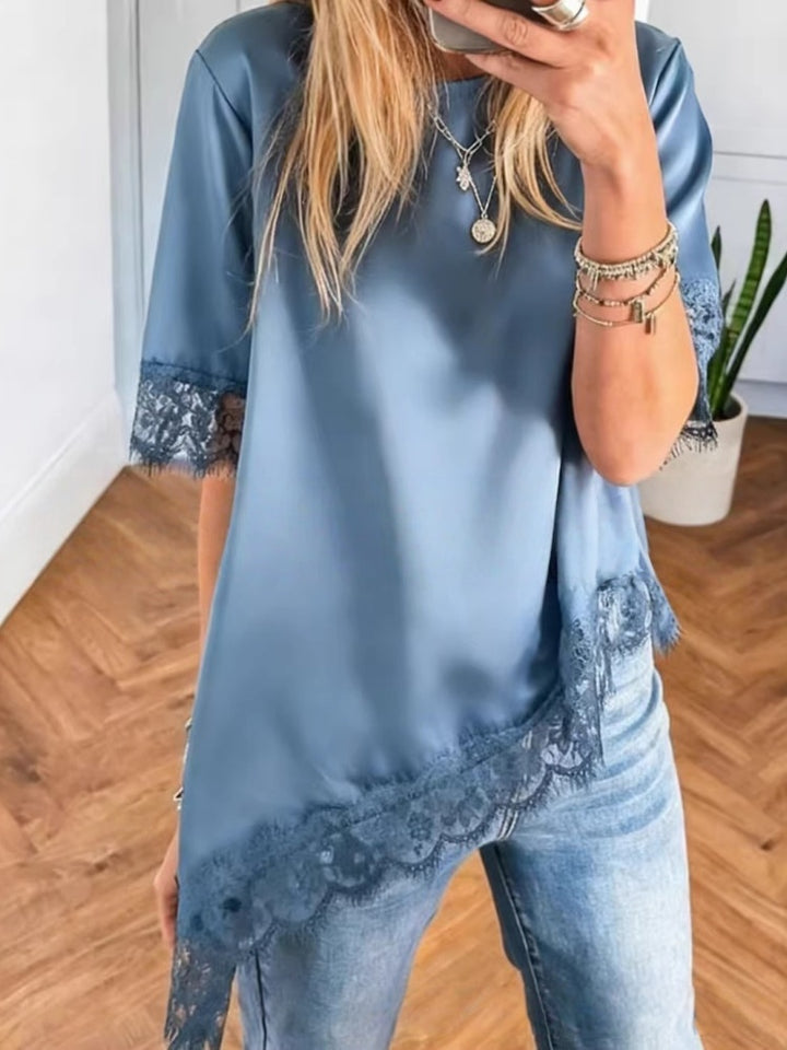 Lace Trim Asymmetrical Hem Blouse
