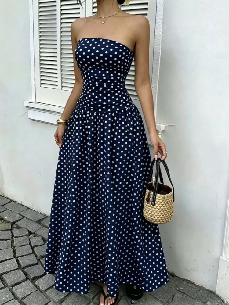 Strapless Ruched Polka Dot Flowy Maxi Dress