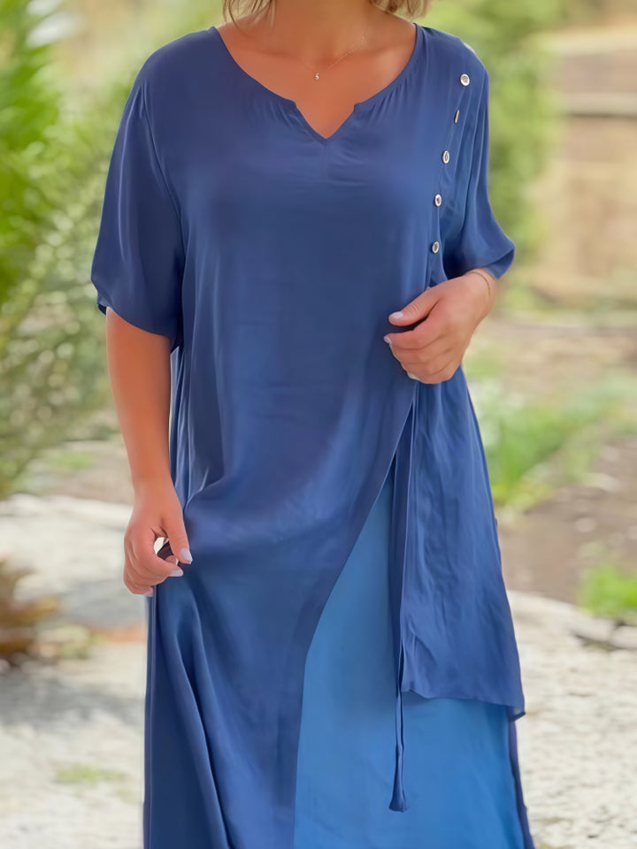 Faux Two Piece Linen Blend Midi Dress