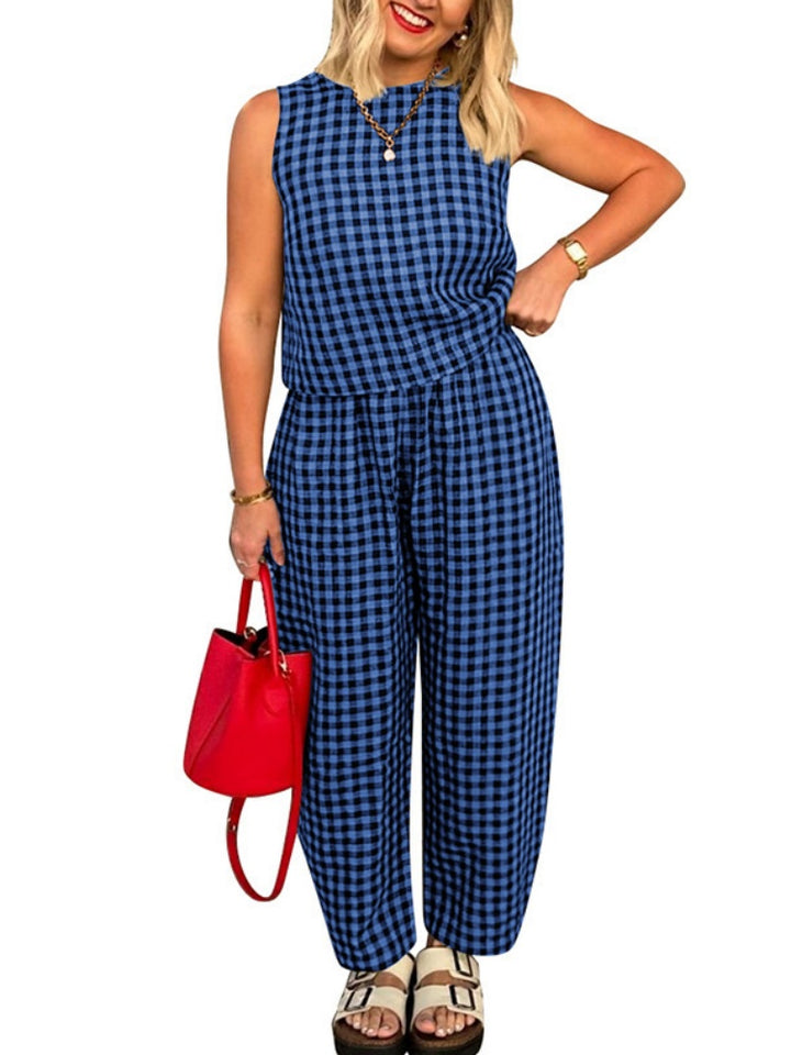 Gingham 2-Piece Sleeveless Top &amp; Wide Leg Pants Set
