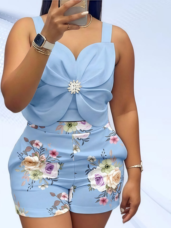 Floral Print Two-Piece Set - Bow Front Tank Top &amp; High-Waisted Shorts Co-ord