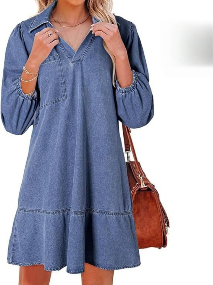 Collared V Neck Puff Sleeve Tiered Denim Midi Dress