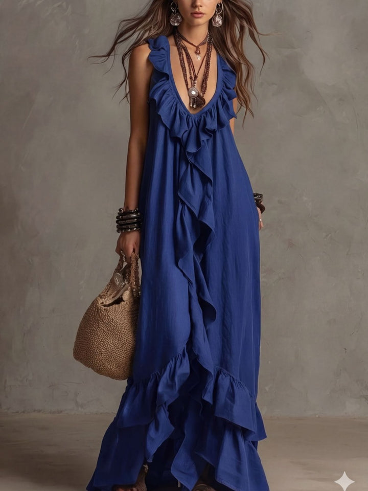 Boho Ruffled V-Neck Maxi Dress