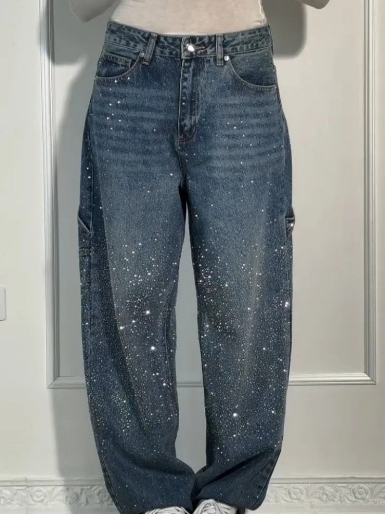 High Waist All Over Rhinestone Straight Leg Cargo Jeans