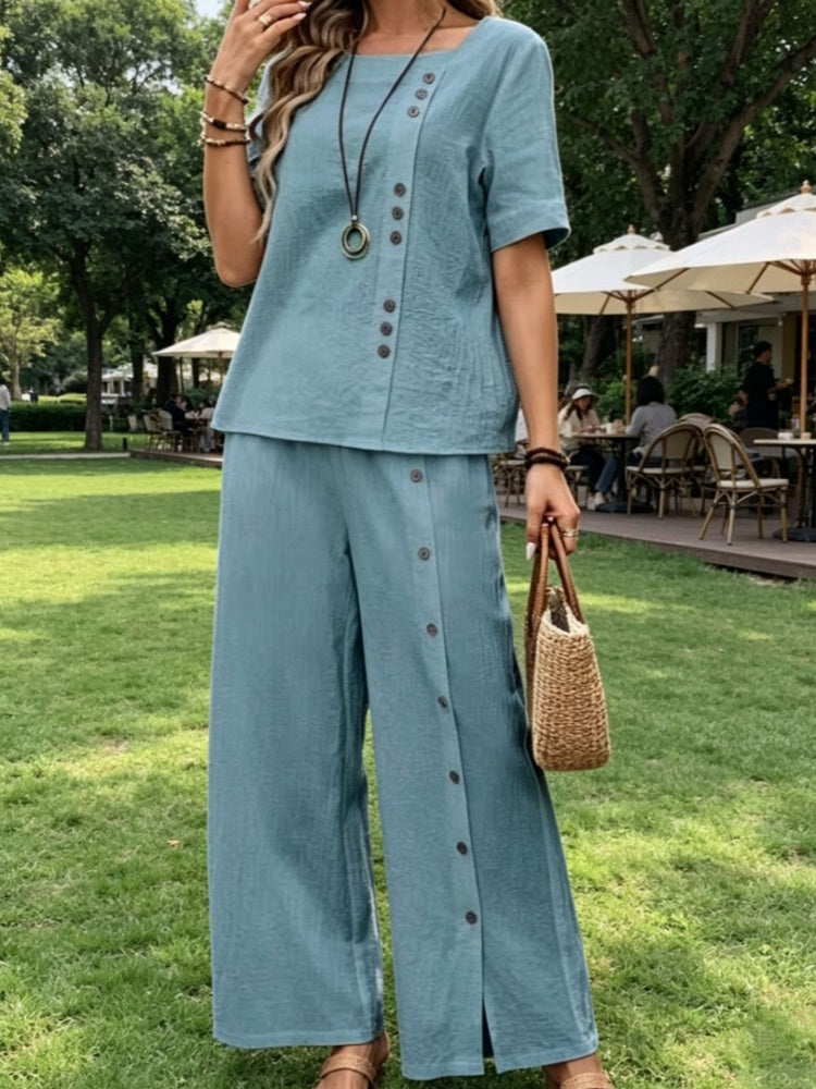 Cotton Linen Two-Piece Set - Button Detail Short Sleeve Top &amp; Wide Leg Pants