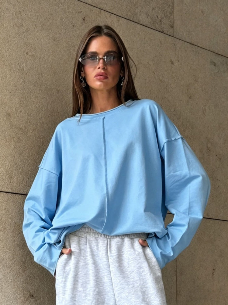 Oversized Long-Sleeve Cotton Tee | Crew Neck Casual Loose T-Shirt