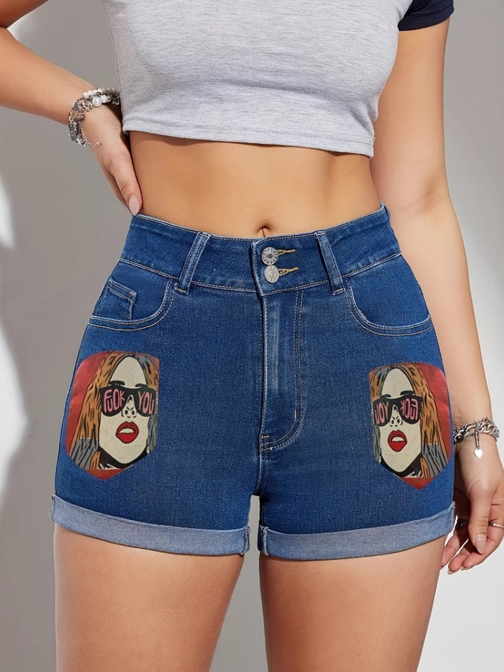 High Waist Pop Art Graphic Print Cuffed Denim Shorts