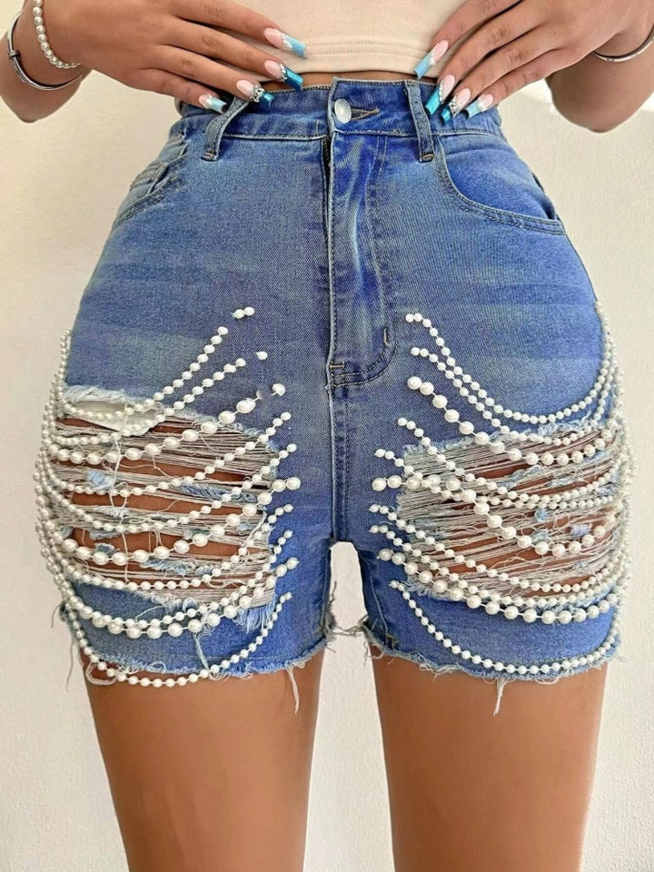 High Waist Ripped Pearl Beaded Denim Shorts