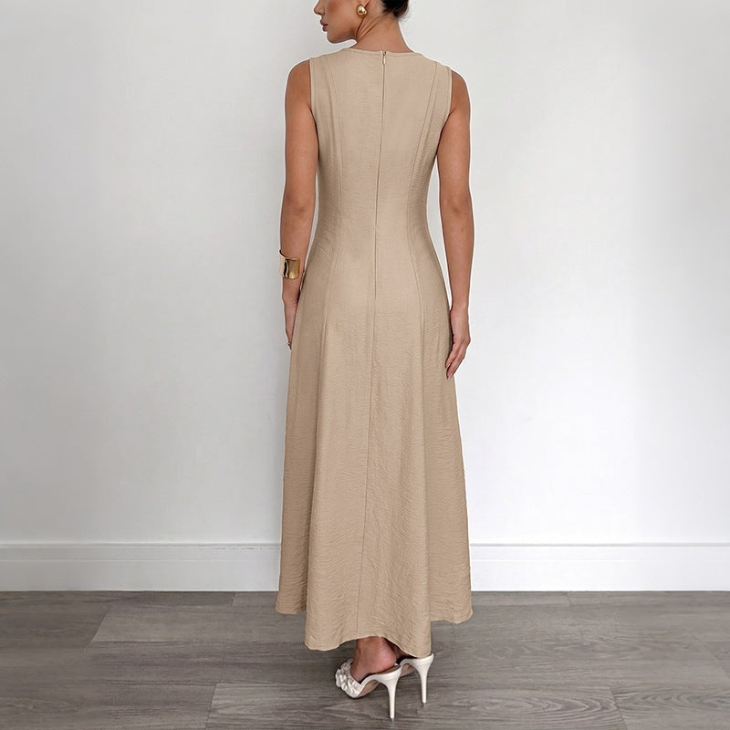 Solid color sleeveless fitted waist striped drape dress