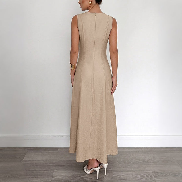 Solid color sleeveless fitted waist striped drape dress
