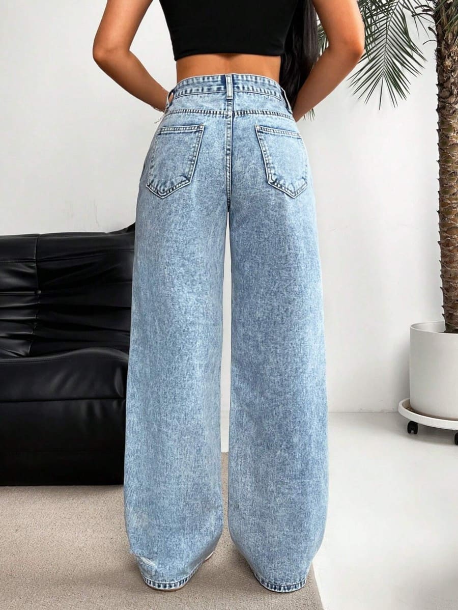 High-waisted straight-leg ripped jeans