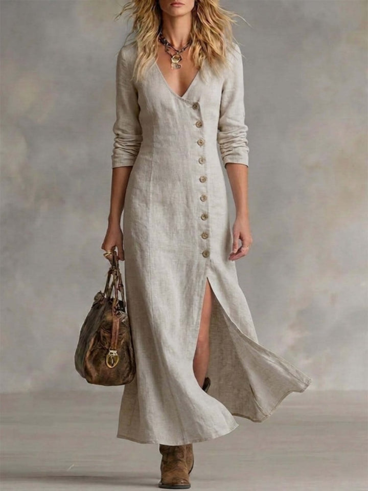 Linen-Blend Maxi Dress | V-Neck Long Sleeve Side Slit Button-Front Dress