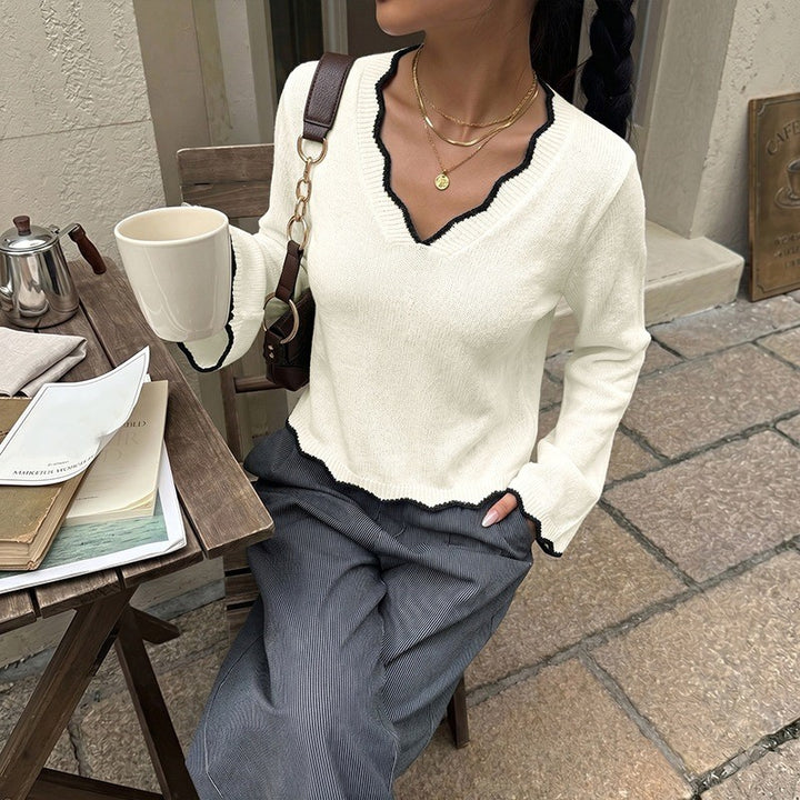 Color-blocked V-neck short-sleeved long-sleeved sweater with wavy trim