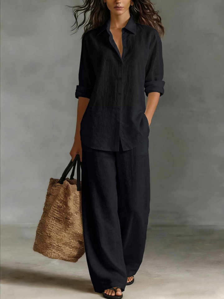 Women Linen Shirt Wide Leg Pants Vacation Two Piece Set