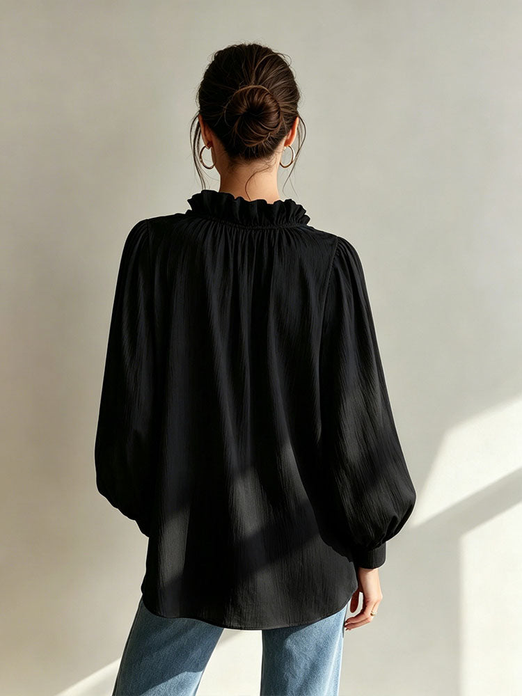 Loose-fit ruffled V-neck puff-sleeve shirt