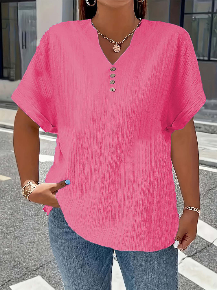 Fashionable and casual solid color button V-neck T-shirt