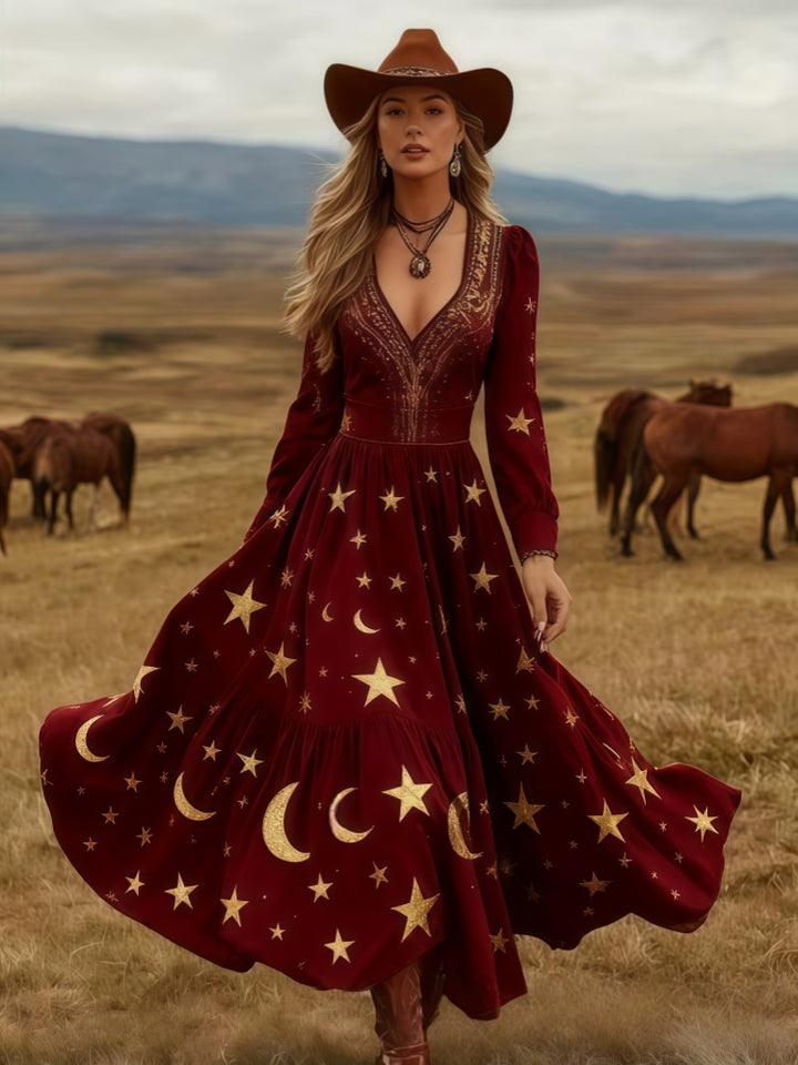 Boho Western Long Sleeve V-Neck Tiered Maxi Dress