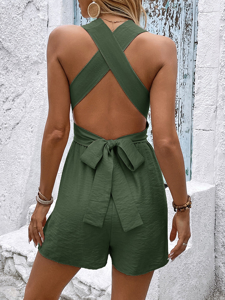 Sleeveless Halter Deep V-Neck Cross-Back Solid Color Jumpsuit