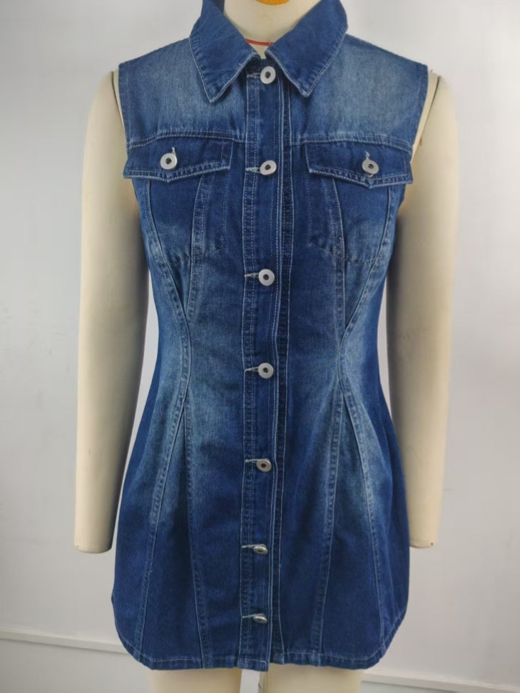 Sleeveless Collared Button Front Denim Mini Dress