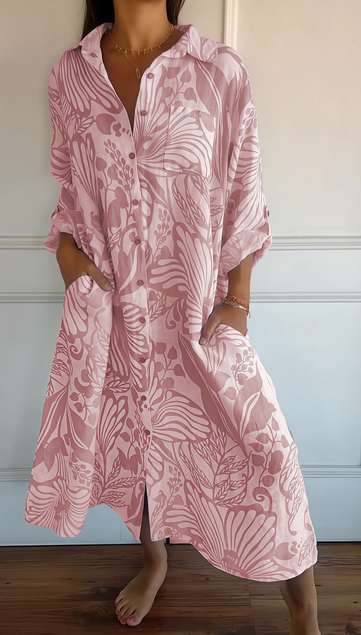 Women Tropical Leaf Print Button Down Shirt Dress