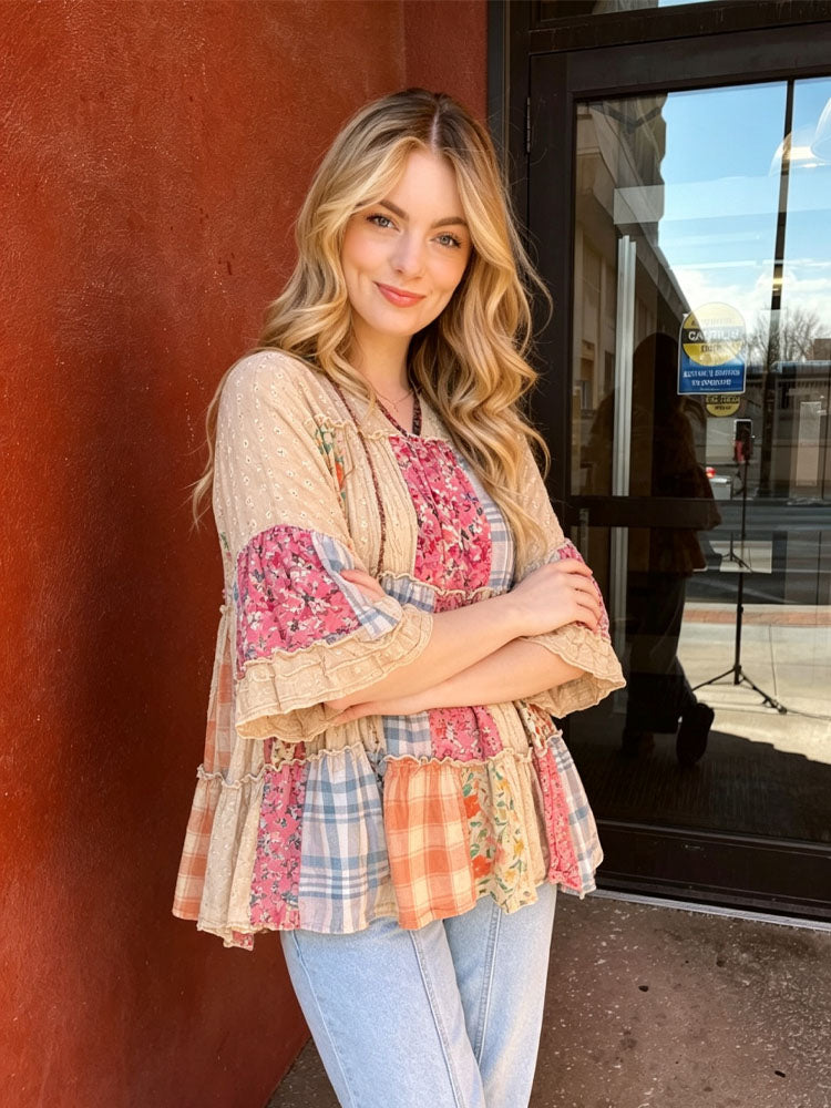 Retro Plaid V-Neck Top