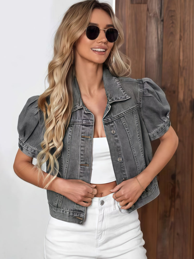 Cropped denim jacket with puff sleeves