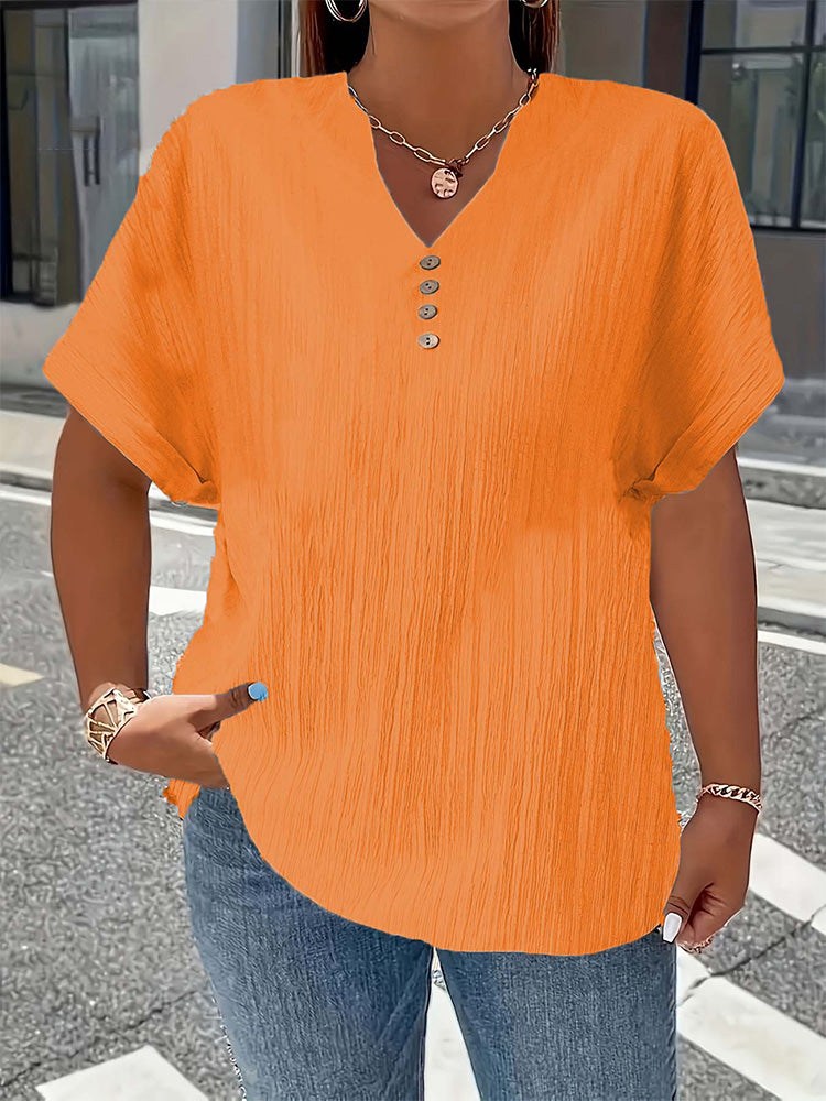 Fashionable and casual solid color button V-neck T-shirt