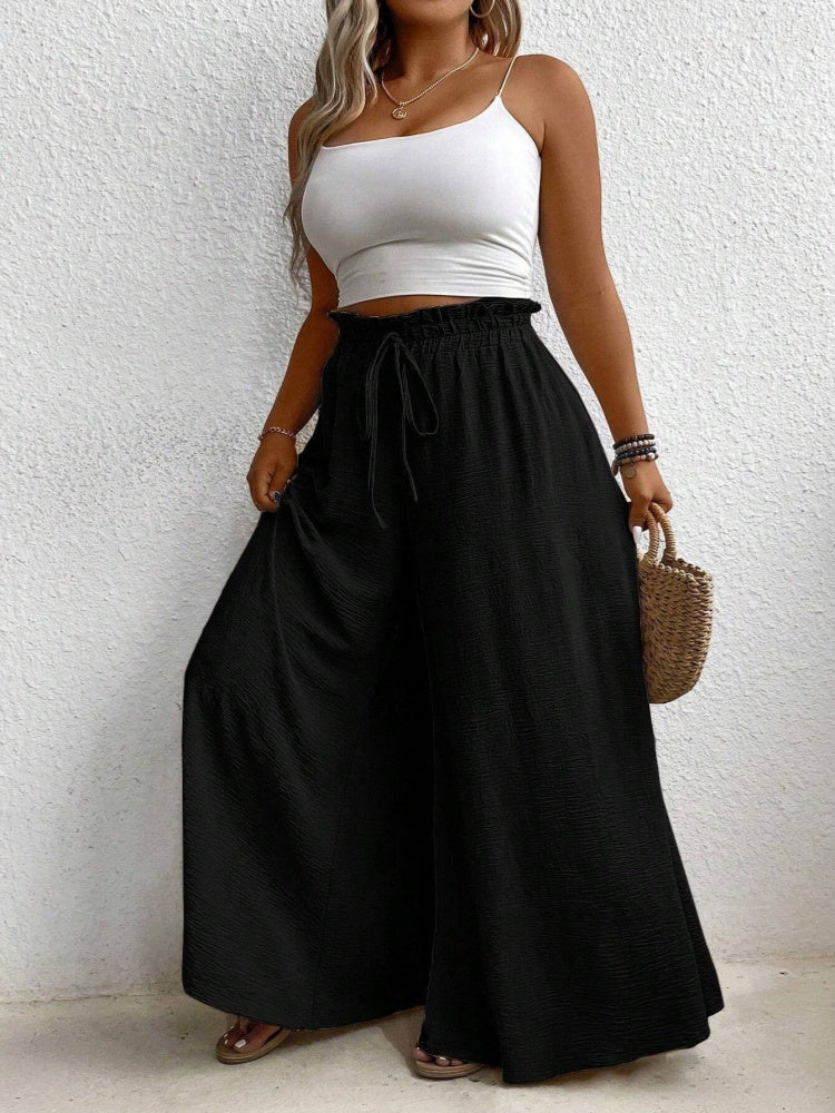 Solid color, loose fit, draped, drawstring wide-leg casual pants