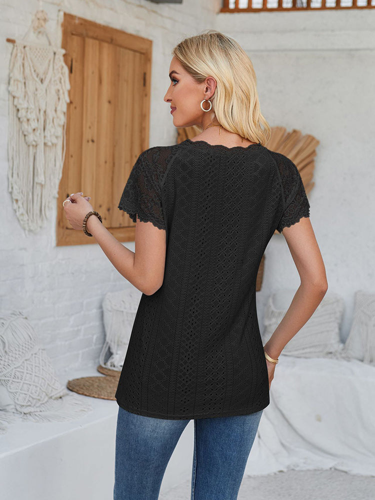 New V Neck Lace Splicing Loose Casual Eyelet T-Shirt