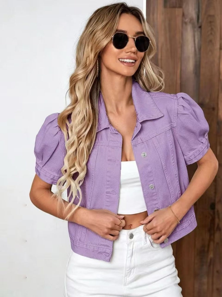 Cropped denim jacket with puff sleeves