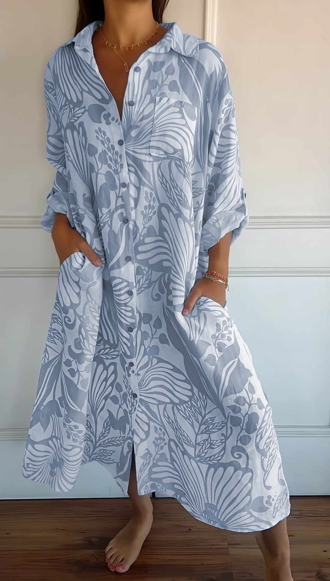 Women Tropical Leaf Print Button Down Shirt Dress