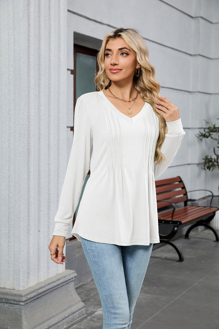 V-neck loose long-sleeved T-shirt top