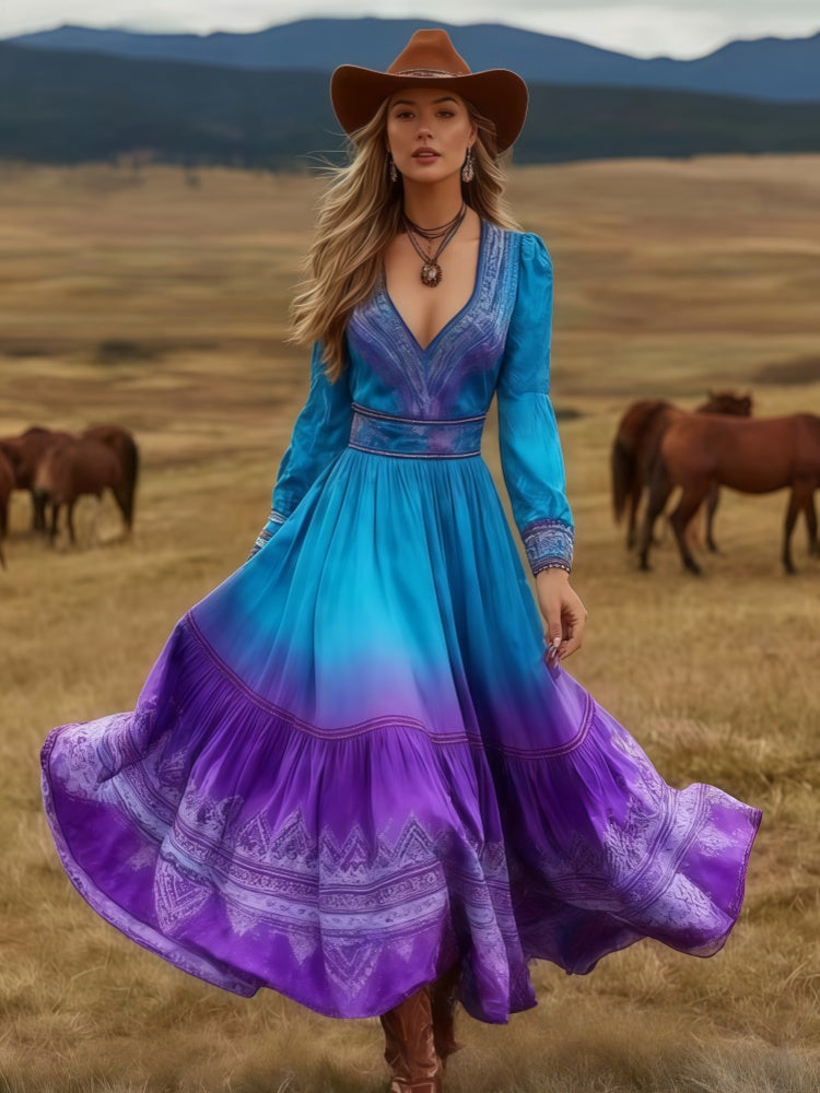 Boho Western Long Sleeve V-Neck Tiered Maxi Dress