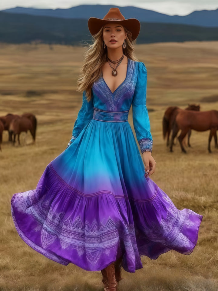 Boho Western Long Sleeve V-Neck Tiered Maxi Dress