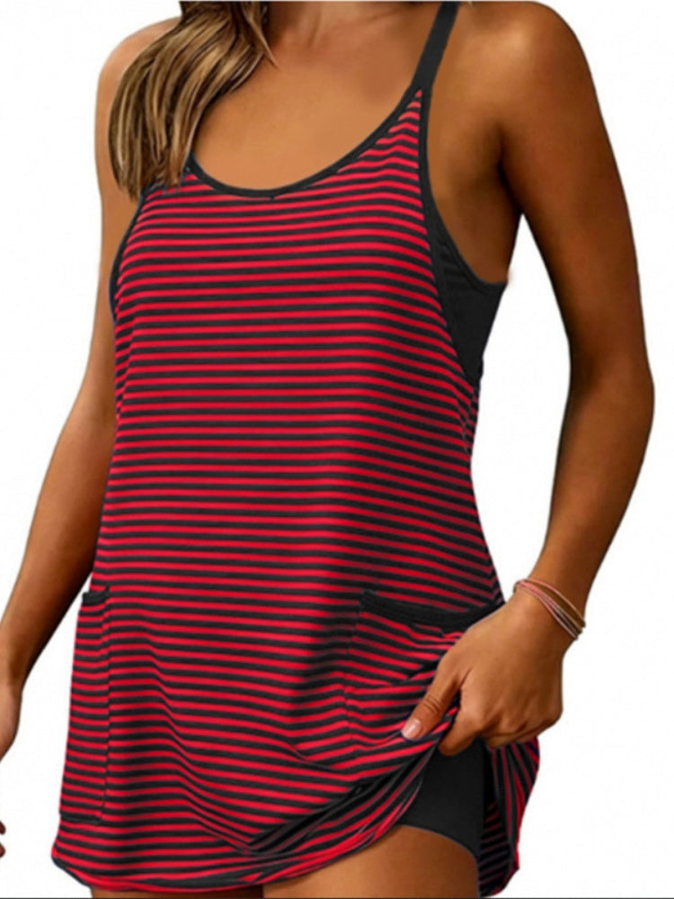 Women’s Striped Sleeveless Pocket Tank Dress Casual Fashion Dress