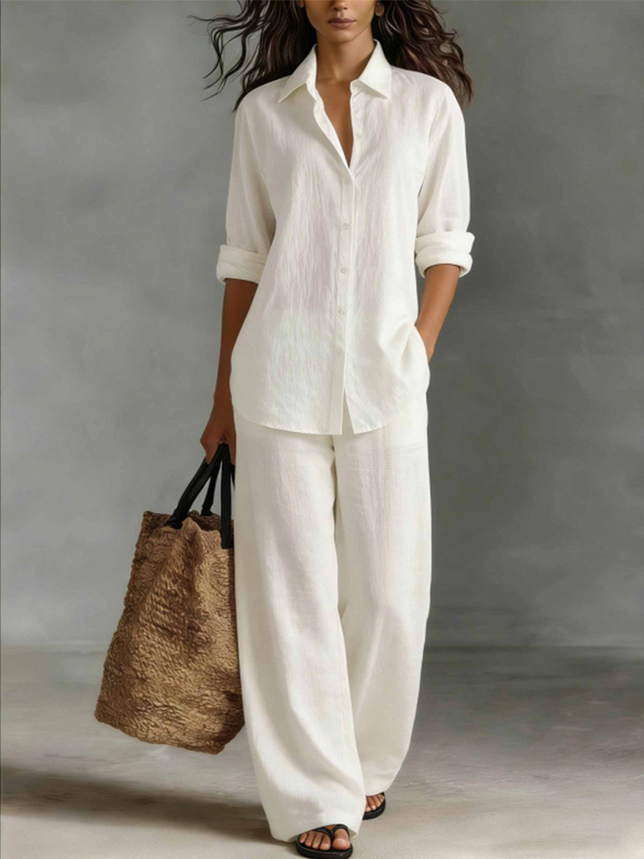 Women Linen Shirt Wide Leg Pants Vacation Two Piece Set