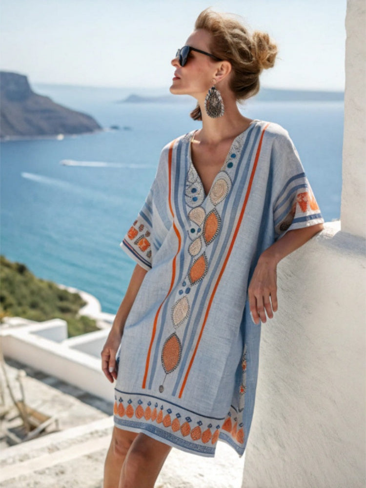 Boho Beach Cover-Up Dress – Lightweight V-Neck Resort Kaftan