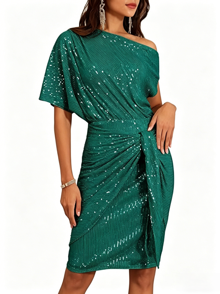 Sequin One-Shoulder Wrap Midi Dress