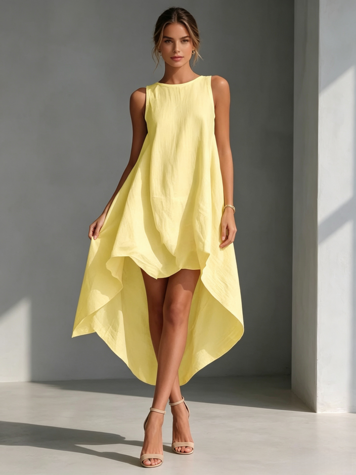Sleeveless cotton-linen dress with a high-low hem