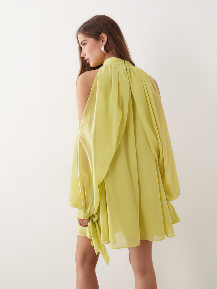 Puff-sleeve halter off-the-shoulder dress