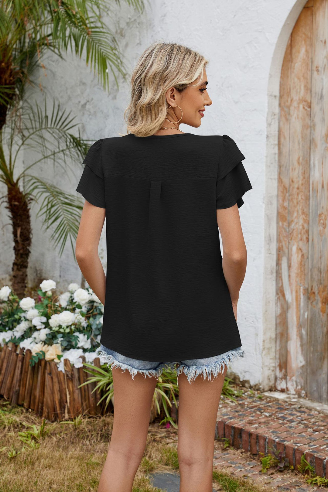 Solid color V-neck hollowed-out double-layer sleeve loose chiffon T-shirt