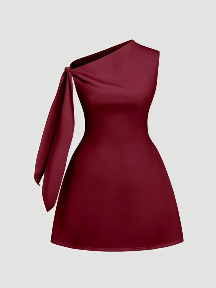 Elegant Solid Color One Shoulder Sleeveless Tie Waist Slim Fit Dress