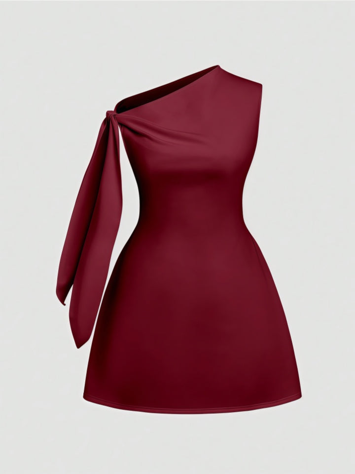 Elegant Solid Color One Shoulder Sleeveless Tie Waist Slim Fit Dress