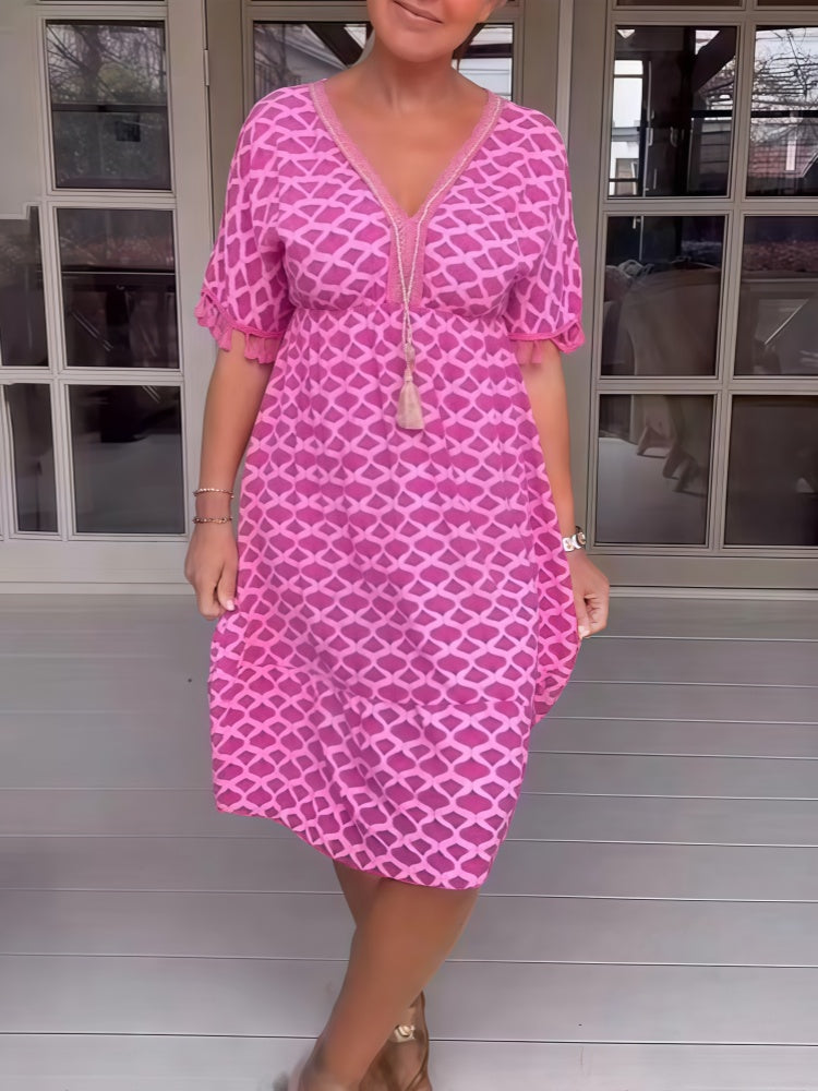 Fashionable V-neck printed short-sleeved dress for women