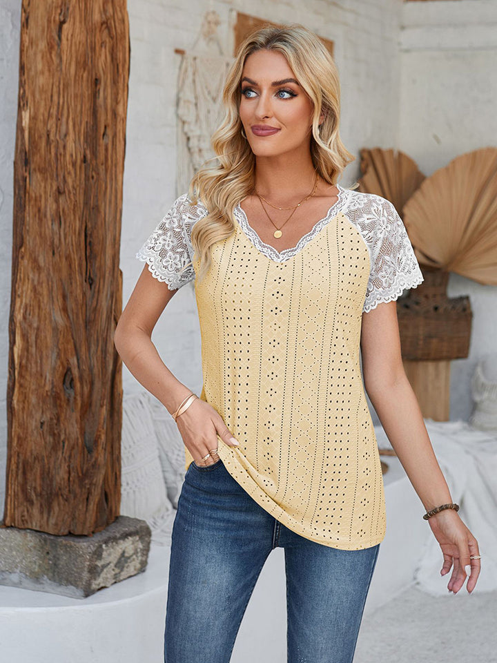 New V Neck Lace Splicing Loose Casual Eyelet T-Shirt